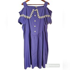Vintage 80s 90s Cottagecore Purple White Decorative Collar Cold Shoulder Dress